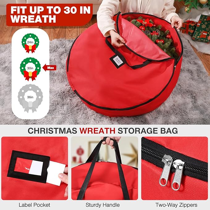 3 Pack Christmas Tree Storage Bag, for Artificial Trees up, Sturdy Waterproof With Reinforced Carrying Handles, Xmas Holiday Garland Bag Storage Case (Red, 9 Ft)