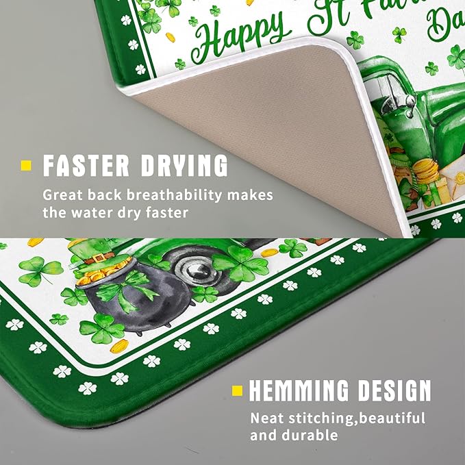 Shamrock Gnome Truck Dish Drying Mat Lucky Clover Dish Drainer Mat 16x18 inch Absorbent Fast Dry Pad for Kitchen Counter Coffee Bar Decor