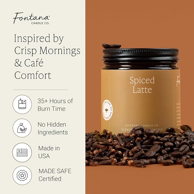 Fontana Candle Co Wood Wick Beeswax Jar Candles, Spiced Latte - Made with Coconut Oil & Pure Essential Oils – Clean Burn, Long Lasting and Non-Toxic Candles for Home & Room Decor