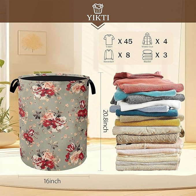 Red Rose Flowers Laundry Hamper,Vintage Floral Clothes Hamper for Laundry,Waterproof Oxford Toy Storage Collapsible Hampers for Bedroom, Dorm Room,Bathroom,16x20 Inch