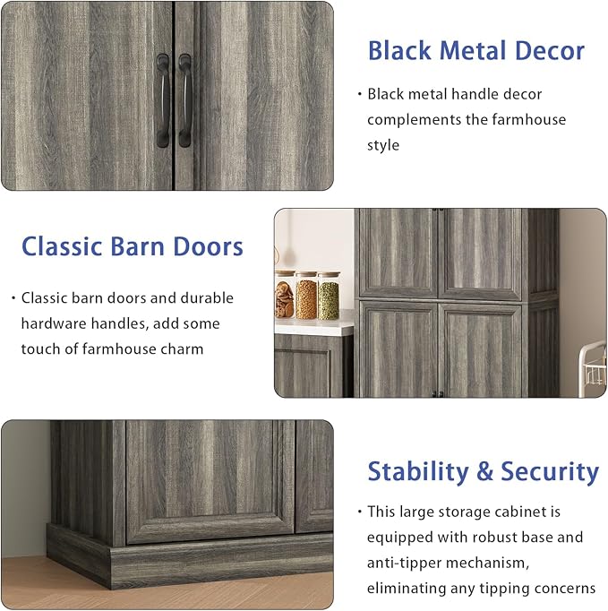 71'' Tall Pantry Cabinet, Farmhouse Kitchen Pantry Storage Cabinet with Barn Door and Adjustable Shelves, Rustic Wood Freestanding Cupboard Storage Organizer for Kitchen, Dining Room, Grey