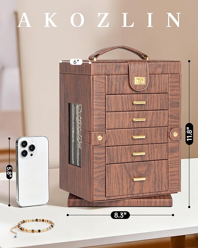 AKOZLIN 360° Rotating Jewelry Box 6-Tier Organizer Functional Jewelry Storage Case for Women Girls Ring Necklace Earring Bracelet Holder with Mirror Red Brown