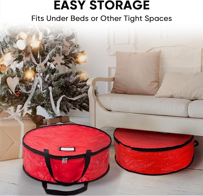 BALEINE Wreath Storage Container, 2 Pack Christmas Wreath Storage Bag with Tear Resistant PE Material and Reinforced Handle for Holiday Xmas (Red, 36"x8")