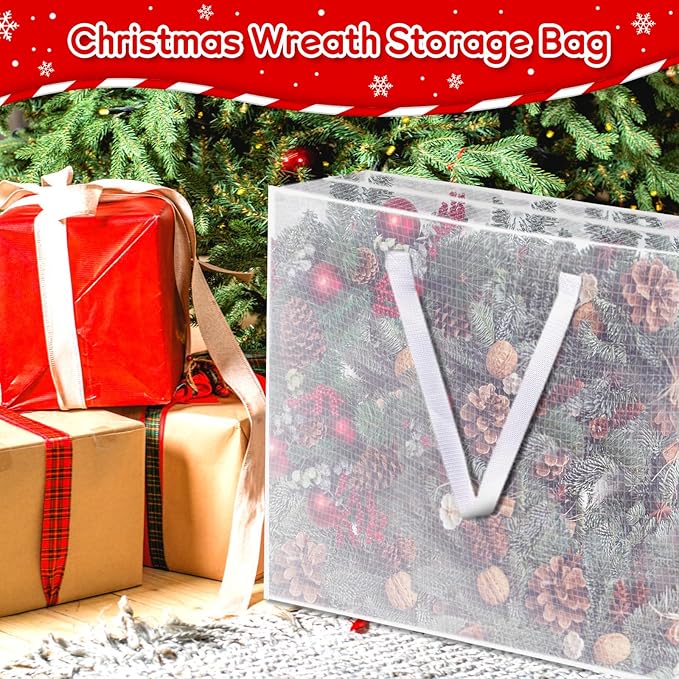4PCS Christmas Wreath Storage Container, 25" Large Moving Bags Garland Container Clear Storage Bags with Handles Zippers Clear Christmas Storage Bags for Xmas Seasonal Holiday Wreath Storage Wrapping