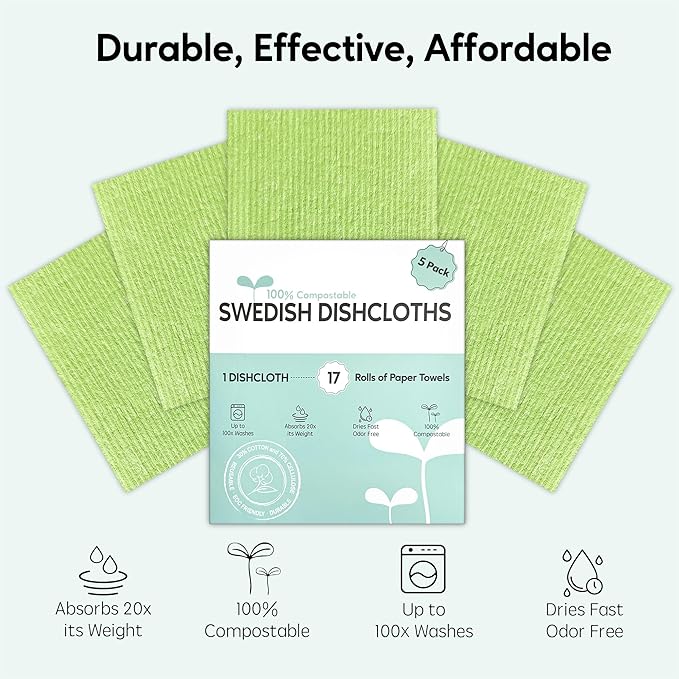 Auggee Swedish Dishcloths for Kitchen, 5 Pack Swedish Dish Cloths, Ultra Absorbent Reusable Paper Towels, Cellulose Sponge Cloths, Quick Drying, No Odor, Dishwasher Safe Green
