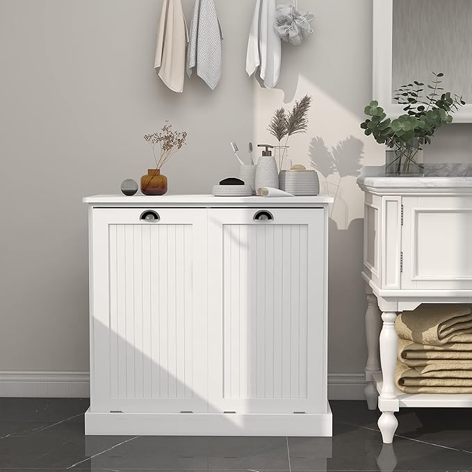 Tilt Out Laundry Hamper with Removable Basket, Hidden Laundry Hamper, Wood Bathroom Storage, Free Standing Home Organizer, White, LOC005