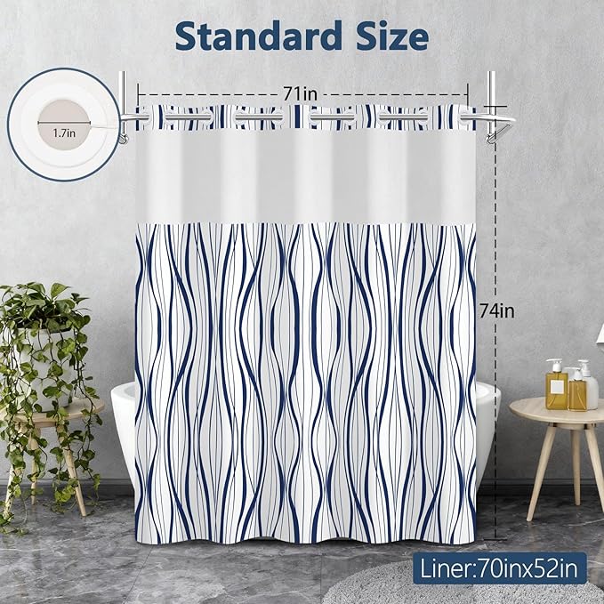 Abstract Blue Striped Shower Curtains for Bathroom, Waterproof Double Layers Fabric Printed No Hook Shower Curtain and Liner Set, Modern Geometric Hotel Luxury Decor Bathroom Curtain, 71x74 Inch