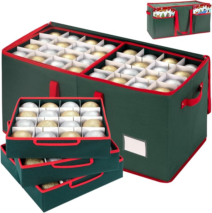 JY COOKMENT Christmas Ornament Storage Box with Adjustable Dividers and Side Pockets, Large Ornaments Storage Container Bin with Zippered Top for Xmas Decorations (128-3" Balls, Green, With Tray)
