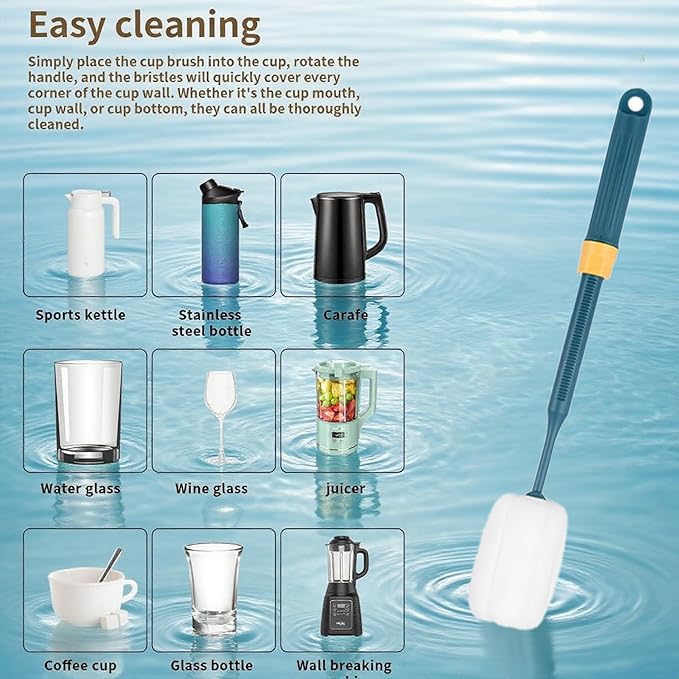 Dishwashing Foam Sponges Brush Telescopic Long Handle Scrubbing Brushes for Clean Dishes, Sinks,Cookware,Coffee Glasses Pot Milk Cup Mugs Wine Bottle (4pcs+4straw Brush)