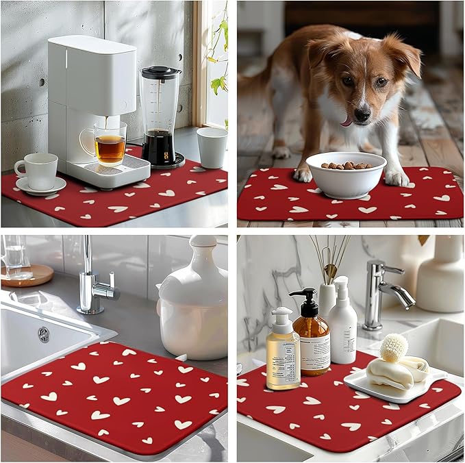 Wnoesat Valentine's Day Love Heart Dish Drying Mat for Kitchen Counter 16x18 Inch Valentine Theme Dish Mats Absorbent Microfiber Dish Draining Mat Reusable Washable Dish Drainer Rack Pad