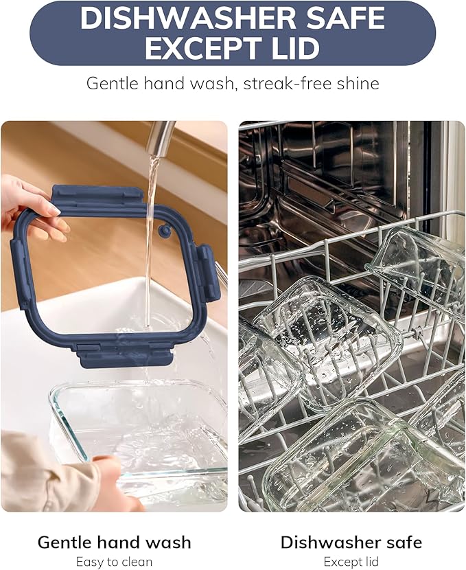 BOROHOUSE 2-Pack Glass Food Storage Containers with Tempered Lids (21.3oz/2.7cup) - Airtight Snap Lock, Microwave & Oven Safe (-4℉~ 950°F), Freezer to Baking Dish, BPA-Free, Gift Box (Blue)