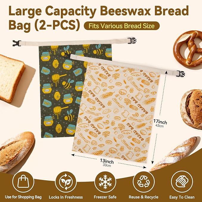 2 Pack Natural Beeswax Bread Bags for Sourdough Homemade Bread, Reusable Natural Organic Linen, Food Storage Cloth Bag, Large Capacity Portable, Freezer-Friendly, Freshness Preservation