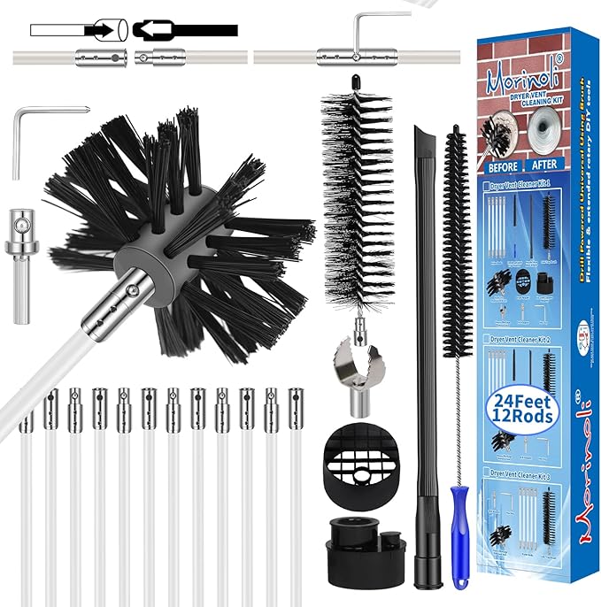 24 Feet Dryer Vent Cleaning Kit - Chrome Button Locking System - Dryer Vent Cleaner Kit With Vacuum Attachment, Nozzle, Hose and Adapter