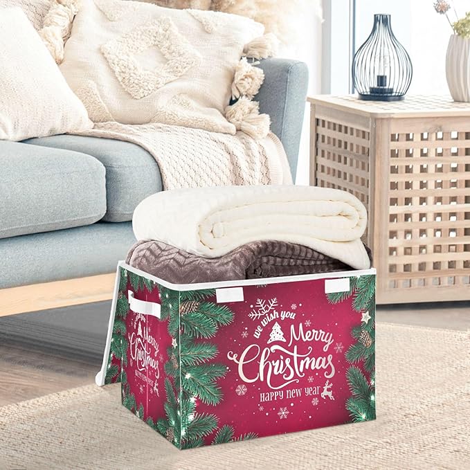 Christmas Baskets Collapsible Storage Bins with Lids, Merry Christmas Happy New Year Storage Boxes Clothes Baskets for Organizing