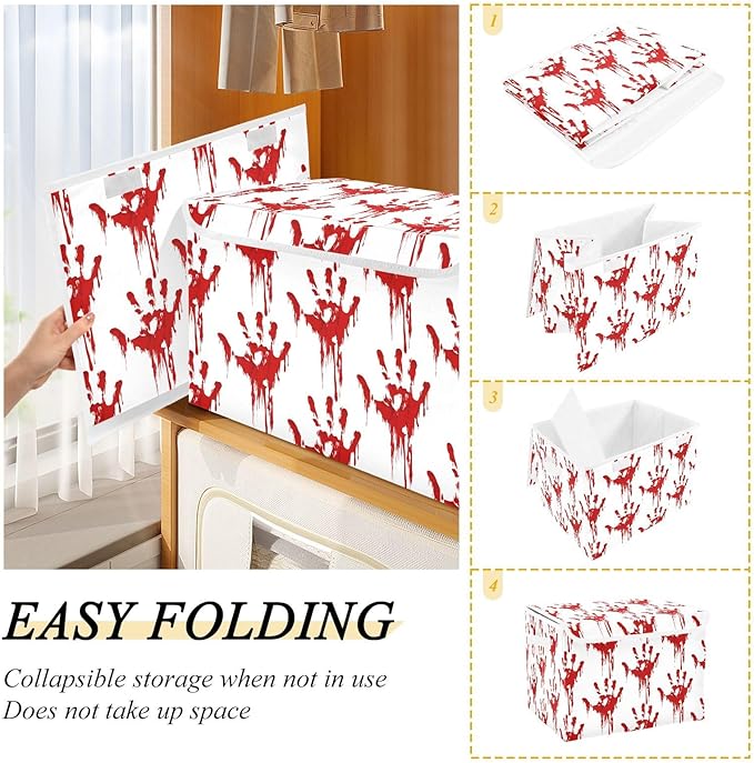 Bolaz Storage Bins with Lids and Handles, Bloody Scary Hands Storage Box Storage Basket with Cover Collapsible Organizer Containers for Home Closet, Shelves
