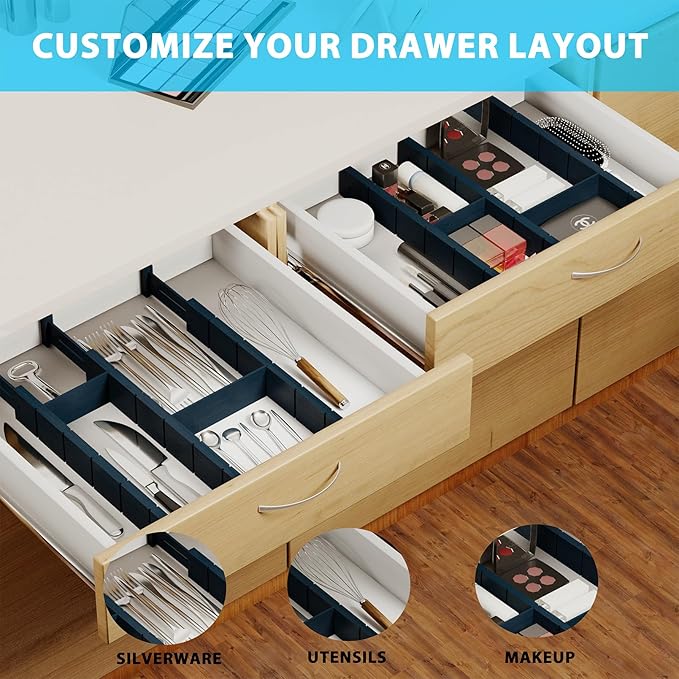 GZOOGHOME 6 Pack Bamboo Drawer Dividers with 12 Inserts, Expandable Adjustable Clothes Drawer Organizers and Storage from 17" to 22" for Kitchen, Bedroom, Dresser, Cosmetics (Navy Blue)