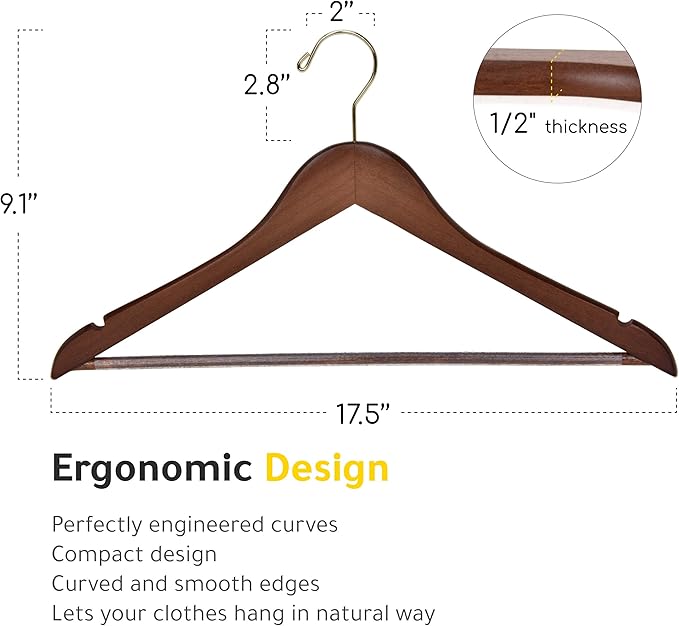 Quality Wooden Hangers - Slightly Curved Hanger 90 Pack Sets - Solid Wood Coat Hangers with Stylish Chrome Hooks - Heavy-Duty Clothes, Jacket, Shirt, Pants, Suit Hangers (Walnut - Gold Hook, 90)