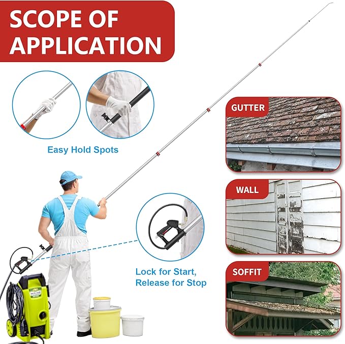24 FT Gutter Cleaning Tools from The Ground - Telescoping Pressure Washer Wand - Gutter Cleaner Attachment with Power Washer Extension Wands, Brush, 7 Spray Nozzle Tips, 3 Hose Adapters, Support Belt