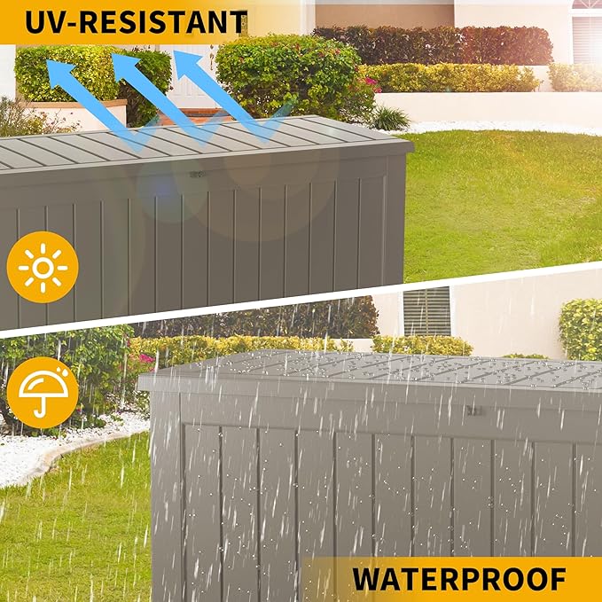Outdoor Storage Box Waterproof, 270 Gallon Lockable Resin Deck Box Large, Patio Storage Bin for Pool Accessories Cushion Furniture, Garden Tools, UV-Resistant Outside Delivery Grey