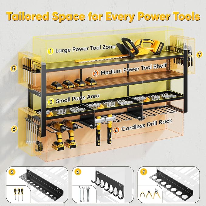 POKIPO 49" W Large Power Tool Organizer Wall Mount, 4 Layer Heavy Duty Loads 800 lbs, Tool Rack Holds 12 Cordless Drills, Large Capacity Battery Holder for Garage Storage, Christmas Gift for Men