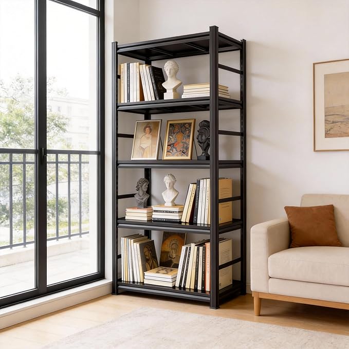 Notmise Book Shelf, 5 Tier Bookshelf, Modern Tall Bookcase for Garage Kit, CDs, Movies, Industrial Corner Storage Shelves for Bedroom Home Office Kitchen Living Room, Black