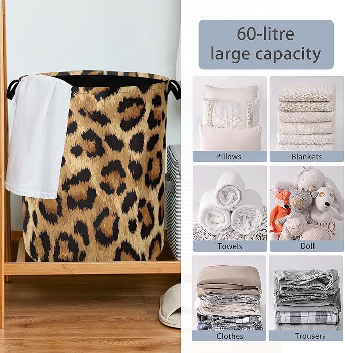 Brown Leopard Laundry Basket,Foldable with Handles Tote Bag Oxford Cloth for Bathroom Bedroom Dirty Clothes Storage Bucket 16" x 20.8"