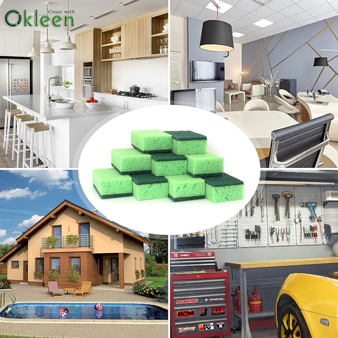 Okleen Green Multi Use Scrub Sponge. Made in Europe. 18 Pk, 4.3x2.8x1.4 inches. Odorless Heavy Duty and Non Scratch Fiber. Thick, Durable and Delicate Scrubber for Pans, Bowls, Jars, Sink, Floor