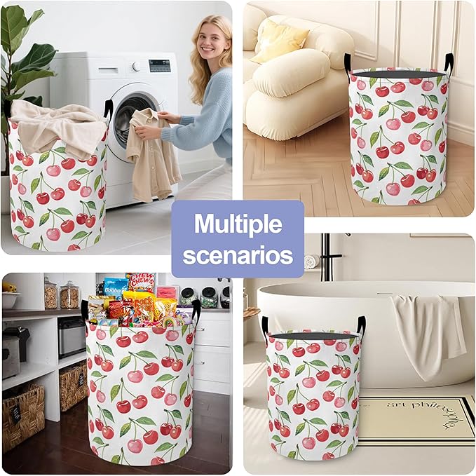 Cute Cherry Laundry Hamper Large Canvas Fabric Lightweight Storage Basket/Dirty Clothes Collapsible Waterproof for College Dorms, Boys and Girls Bedroom,Bathroom