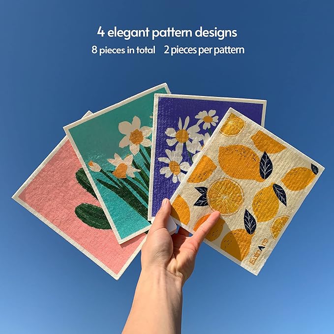 Eulnars Swedish Dishcloths for Kitchen, 8 Pack Reusable Paper Towels with Clips, Non-Scratch Swedish Dish Towels, Super Absorbent Cellulose Sponge Cloths, Assorted