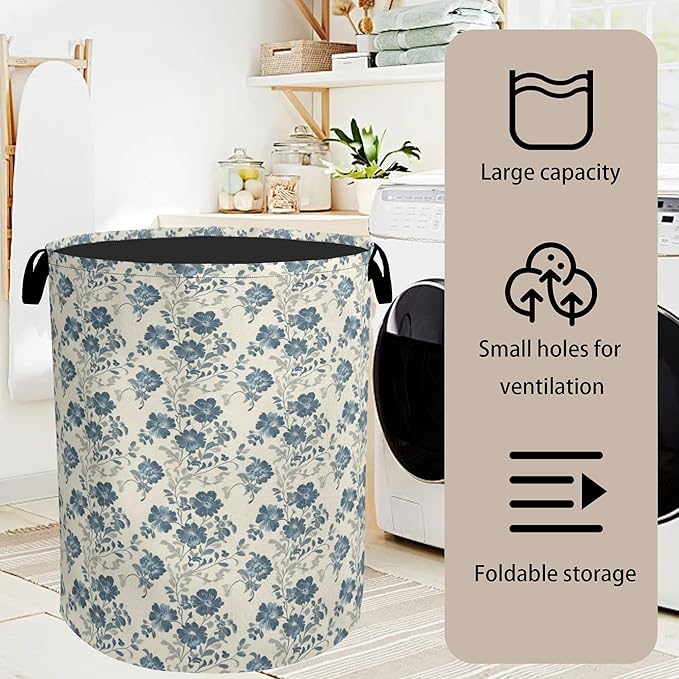 Beige Navy Blue Flowers Laundry Basket - Heavy Duty 60L Dirty Clothes Organizer, Water Resistant Foldable Hamper for Men Women