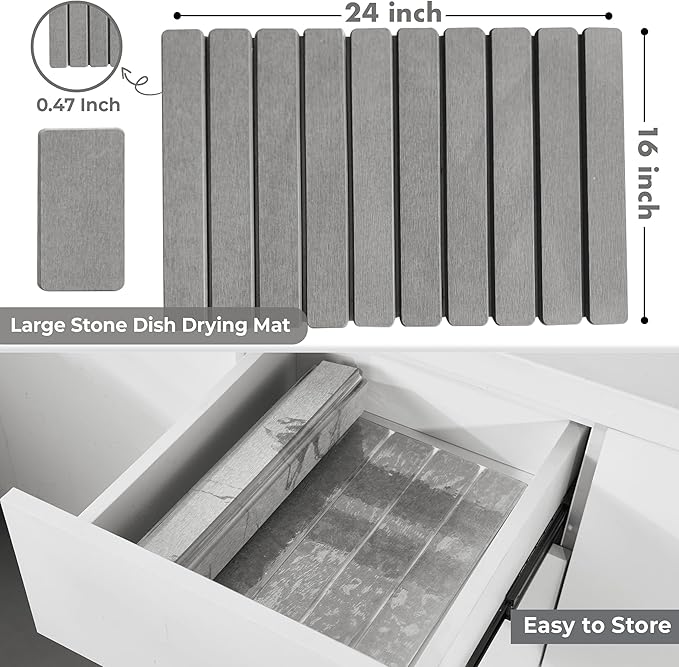 Large Stone Dish Drying Mat for Kitchen Counter, 2PCS Quick Dry Stone Dishes Mats, Foldable Water Absorbing Diatomaceous Earth Drying Pad for Bottles Dish Cups(Light Gray 24"×16" & 8"x5")