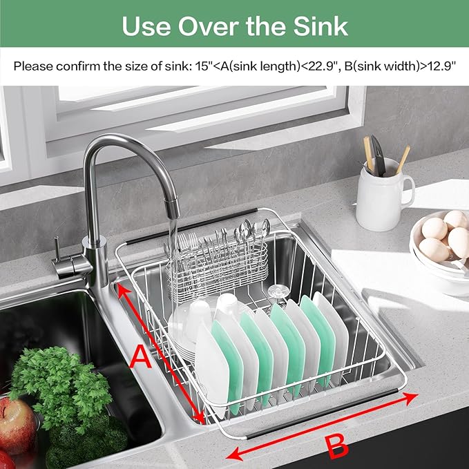 SwetLao Large Sink Dish Drying Rack, Expandable 304 Stainless Steel Metal Dish Drainer Rack Organizer Shelves with Stainless Steel Utensil Holder Over Inside Sink, Rustproof