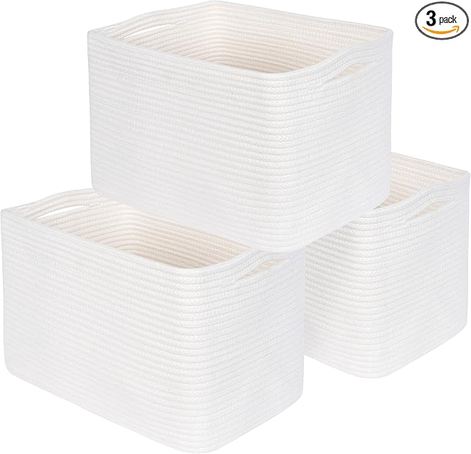 MINTWOOD Design 3-Pack Storage Baskets for Shelves, Playroom and Classroom, Book Basket, Decorative Cube Bins, Woven Closet Organizers, Baby Nursery Baskets, Creamy White