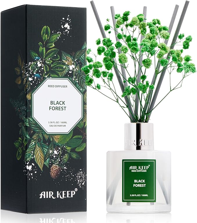 Airkeep Reed Diffuser Set,3.38 fl oz (100 ml) - Black Forest Oil Diffusers with 8 Reed Sticks, Home Fragrance Reed Diffuser for Bathroom Shelf Decor