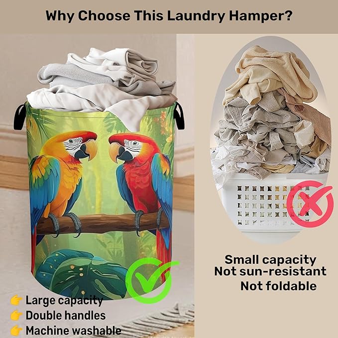 Tropical Parrot Foldable Laundry Hamper - Waterproof Fabric Storage Basket with Handles, Clothes Hampers for Laundry,Bedroom,Dorm