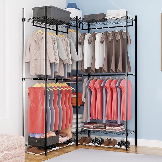 Heavy Duty Clothes Rack for Hanging Clothes, Metal Garment Rack，Large Capacity Portable Clothing Rack，Freestanding Open Wardrobe Organizer Rack, 67.0"L x 13.8"W x 75.6"H Max Load 720LBS, Black