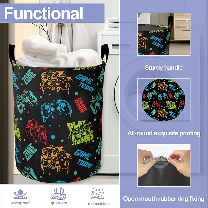 Laundry Basket,Color Game Console Large Canvas Fabric Lightweight Storage Hamper Organizer Dirty Clothes Collapsible Waterproof for College Dorms,Bathroom