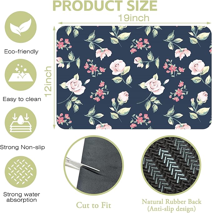 Kitchen Mat Vintage Pink Flower Dish Drying Mat 12"x19" Bsorbent Coffee Maker Mat for Sink Dishes or Under Rack Kitchen Counter Accessories Absorbent Hide Stain Rubber Backed Dish Drying Pad