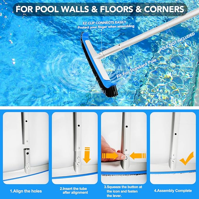 Pool Brush 17.5'' Heavy Duty Swimming Pool Brushes for Cleaning Pool Walls & Tiles & Floors & Corners Scrub Brush Head Reinforced Aluminum Back (Pole Not Included)