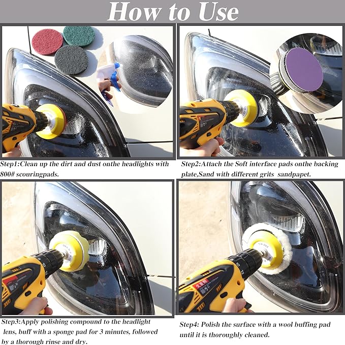 3 Inch Car Headlight Restoration Kit, 75MM Headlight Polishing Kit, Headlight Cleaning Kit with Hook & Loop Sanding Disc Grit 320-3000 Scouring Pad Polishing Pad Soft Interface Pad for Drill--41PCS