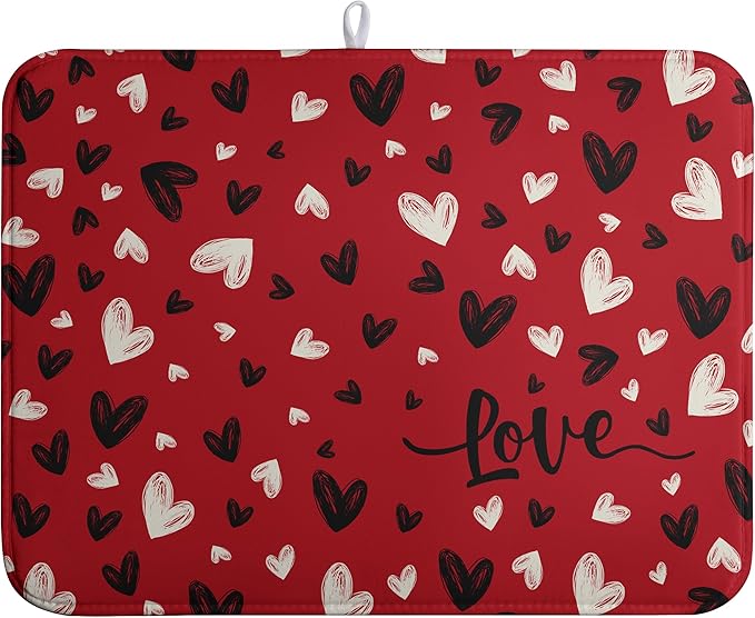 Valentines Day Dish Drying Mat Red Black Love Heart Valentine Kitchen Dish Drying Pad Absorbent Dish Dryer Mat for Kitchen Countertops Microfiber Dishes Drainer Pad Dish Drying Rack Mat (18x24 in)