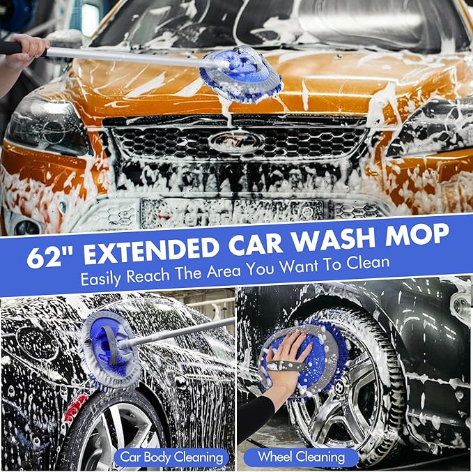 ANCLO 62'' Car Wash Brush with Long Handle, Scratch-Free Car Wash Mop Kit with Wheel Tire Brush, Wash Mitt Towel, Windshield Squeegee, Car Cleaning Brush Kit for Cars RV Truck Boat