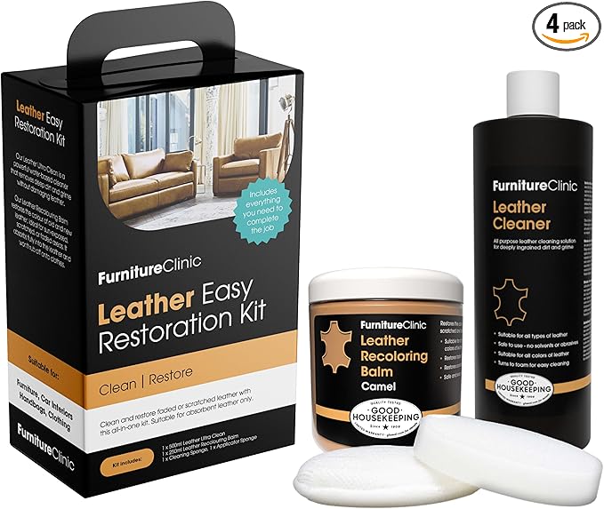 Furniture Clinic Leather Easy Restoration Kit | with Leather Recoloring Balm, Cleaner, Sponge, and Cloth | Leather Repair Kit for Scratched and Faded Furniture (Camel)