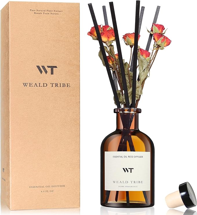WEALD TRIBE Reed Diffuser Set for Bathroom Air Fresheners, Oil Diffuser Sticks | Sandalwood Rose Scent 5.1 fl oz Home Fragrance with Sticks Defusers | House Bedroom Office Shelf Decor