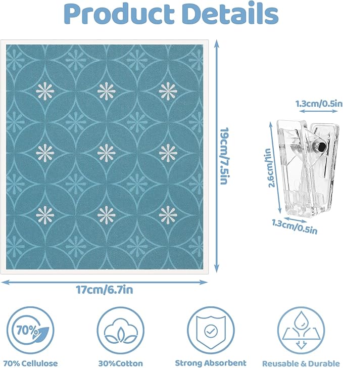Needbrock 6 Pack Swedish Dishcloths for Kitchen, Geometric Pattern Swedish Rags Dish Towels with Clips, Reusable Paper Towels Washable Absorbent for Cleaning Home Kitchen Valentines Gifts for Women