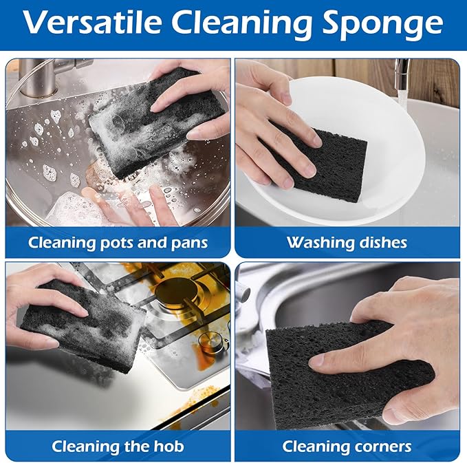 JIEYAO 12 Pack Non-Scratch Scrub Sponges, Compressed Cellulose Sponges, Black Sponge for Dishes Wood Pulp Multi-Purpose Cleaning Sponge for Kitchen Dishes Non-Stick Cookware