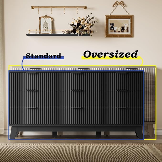 63" Long Dresser for Bedroom, 9-Drawer Fluted Dresser, Extra-Wide Wood Chest of Drawers with Smooth Metal Slides, Stable Base, Modern Clothes Storage Cabinet for Living Room, Hallway, Nursery