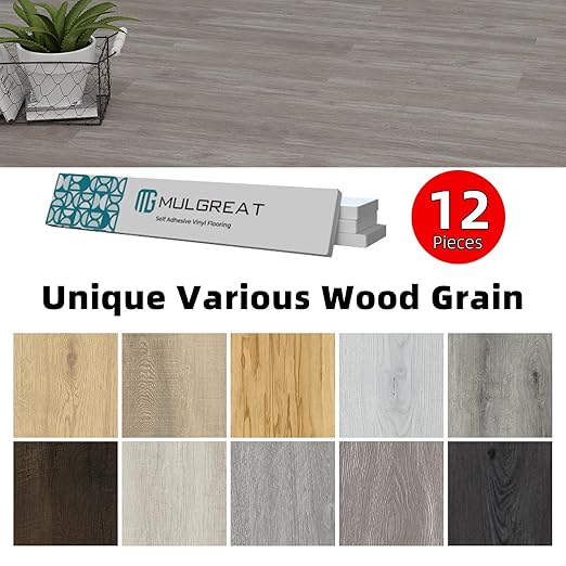 MULGREAT Peel and Stick Floor Tile, 18 Sq.Ft Self Adhesive Vinyl Flooring Plank, 12 Pieces Waterproof Heavy Duty Wood Grain Tiles, 36"x6" DIY Planks for Laundry Kitchen Apartment Home, Soft Grey