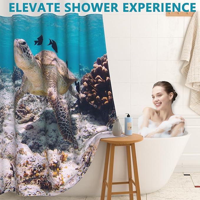No Hook Shower Curtain and Liner Set, Washable Shower Curtain Liner & Ventilation Window, Water Repellent Bath Curtain Features Realistic-Style Sea Turtle Pattern, Bathroom Essentials, 71x74 Inch