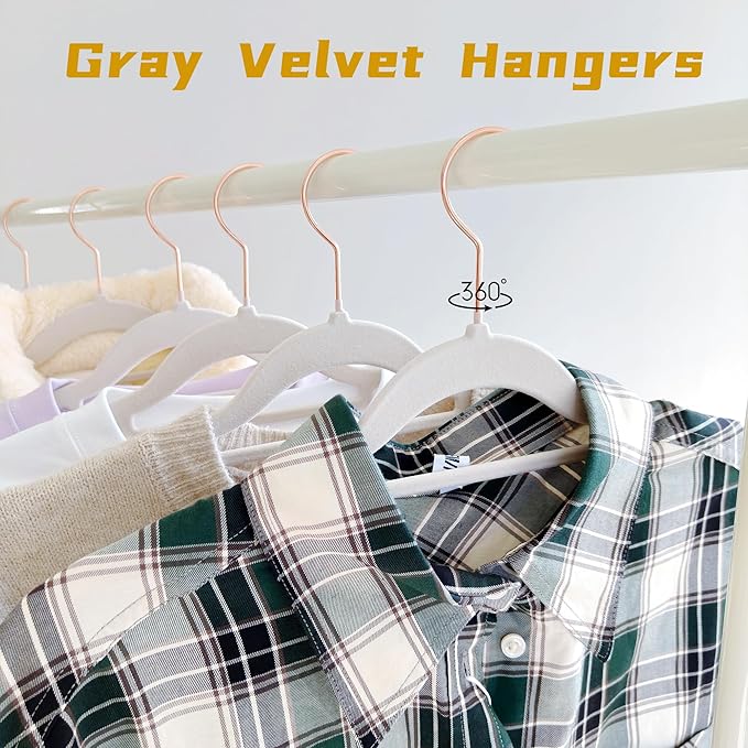 Gray Velvet Hangers 50 Pack - Rose Gold Hook, Space Saving Non-Slip Clothes Hangers, 16.5 Inch with Tie Bar for Coats,Sweater,Jackets,Dresses, Shirts, Suits & T-Shirts